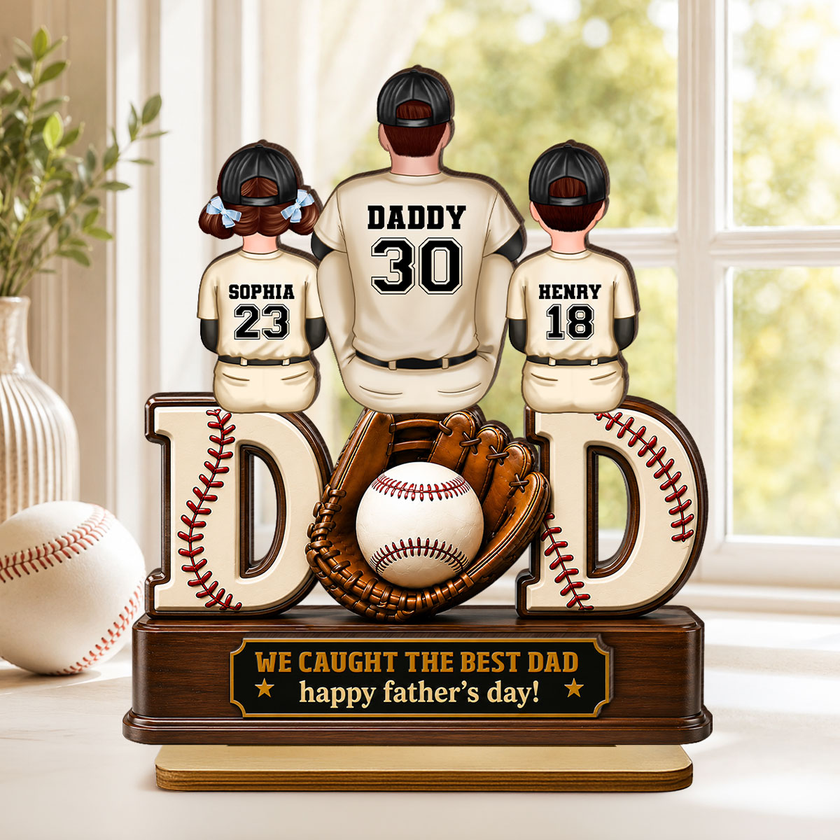 Dad And Children Baseball Gloves - Personalized 2-Layered Wooden Plaque - Gift for Dad, Husband