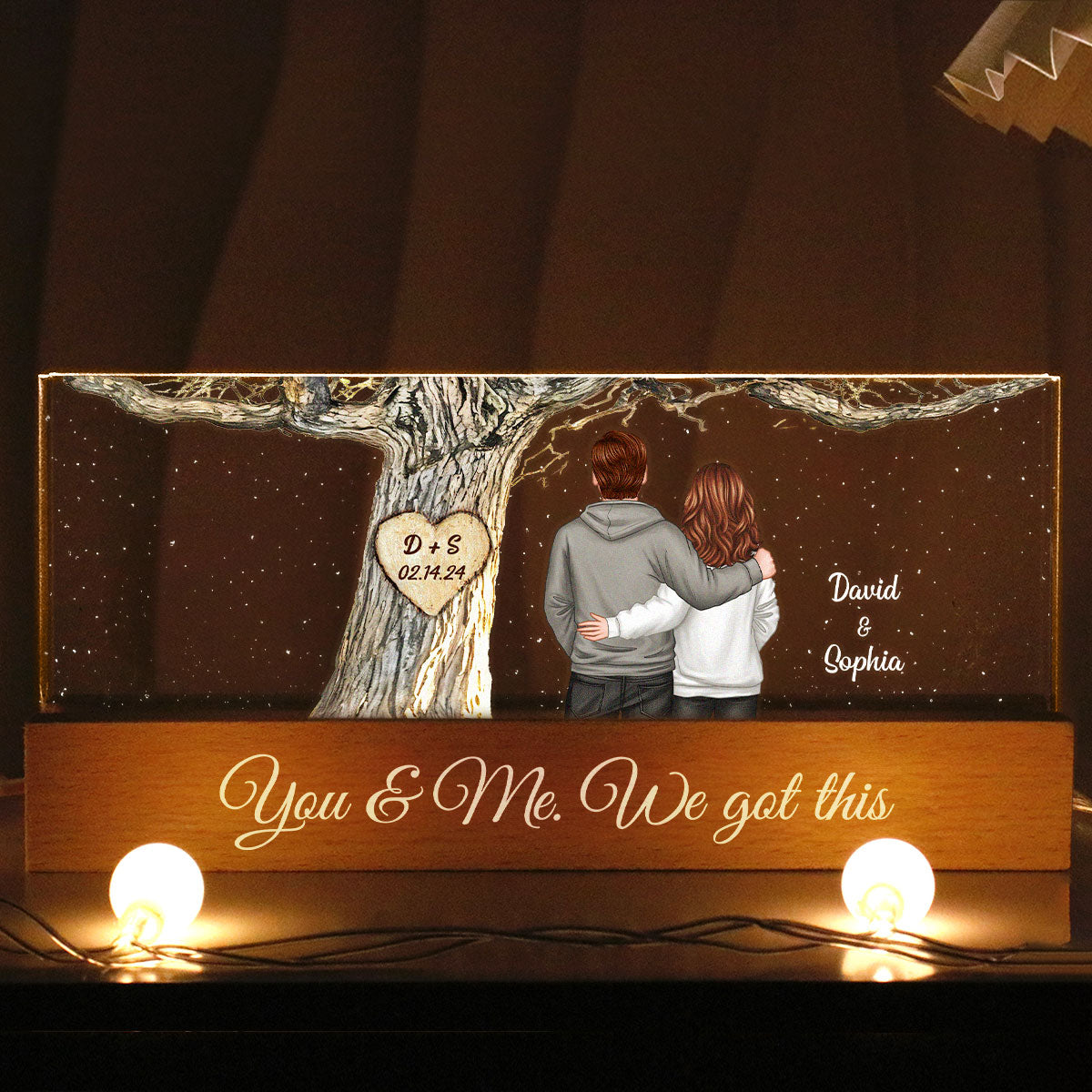 Couple Back View Engraved Tree Personalized Acrylic Block LED Night Light, Gift, Anniversary Gift for Him for Her