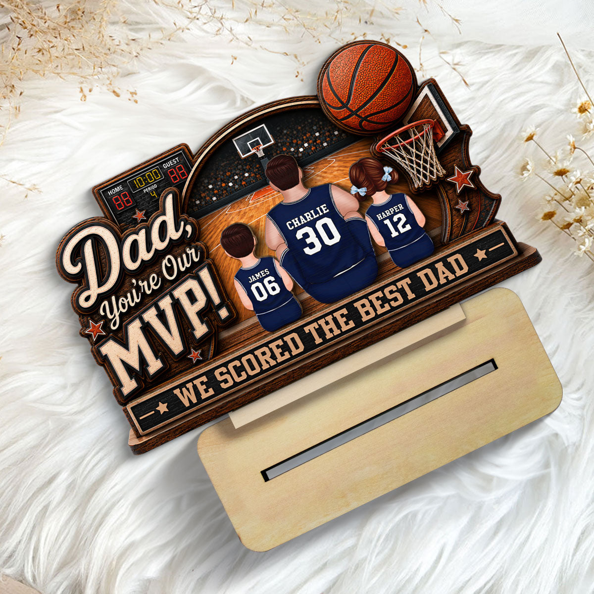 Dad You Are Our MVP Sitting Basketball Man & Kids 2D Flat - Personalized 2-Layered Wooden Plaque - Gift For Basketball Dad