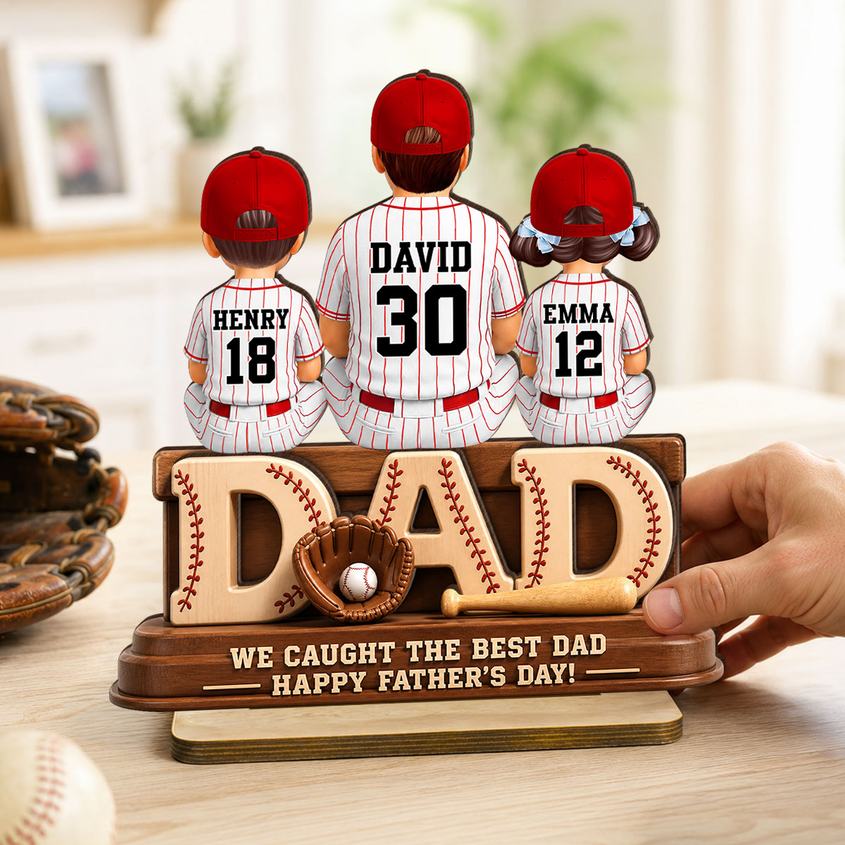 We Caught the Best Baseball Dad, Dad & Kids Back View - Personalized 2-Layered Wooden Plaque - Gift for Dad, Husband