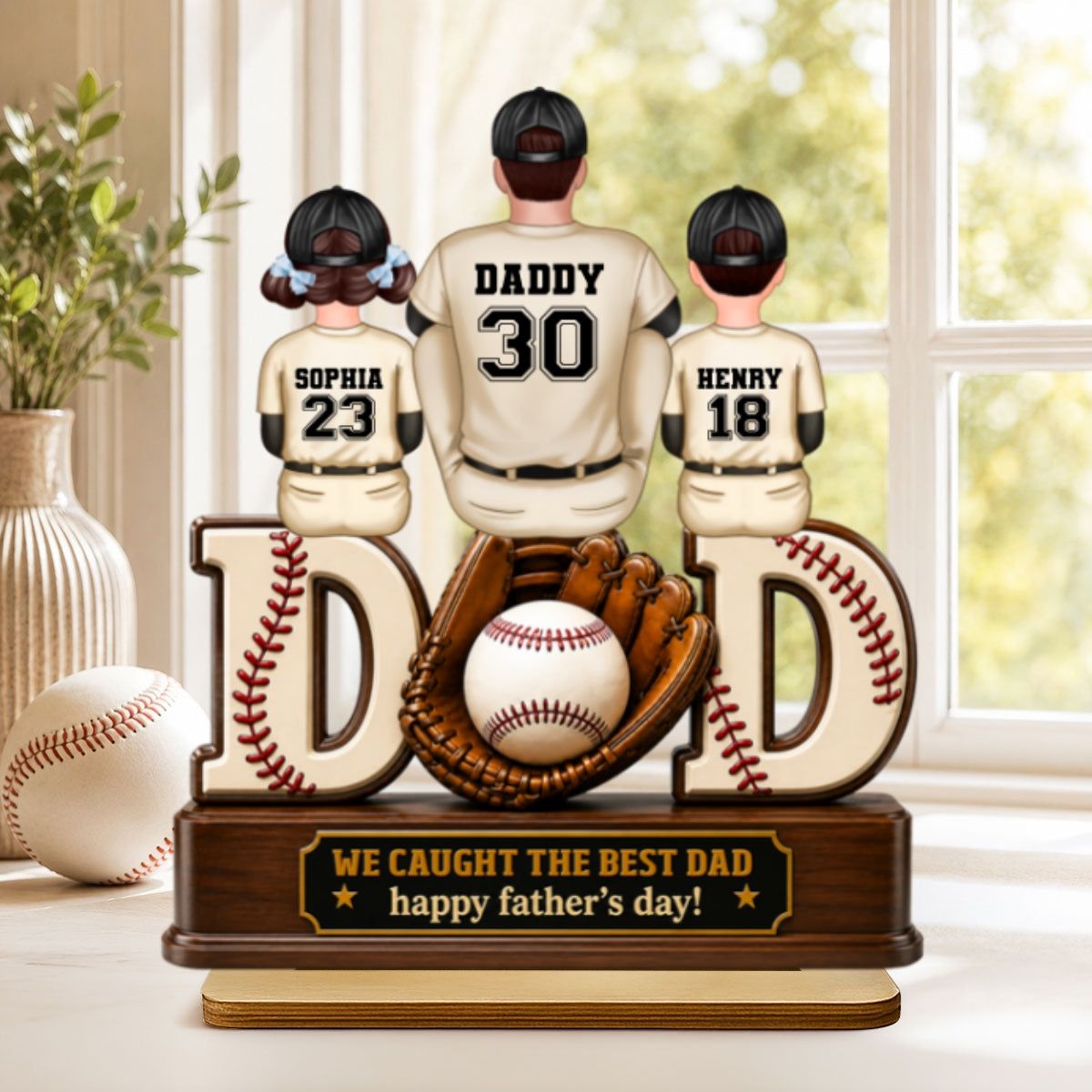 Dad And Children Baseball Gloves - Personalized 2-Layered Wooden Plaque - Gift for Dad, Husband