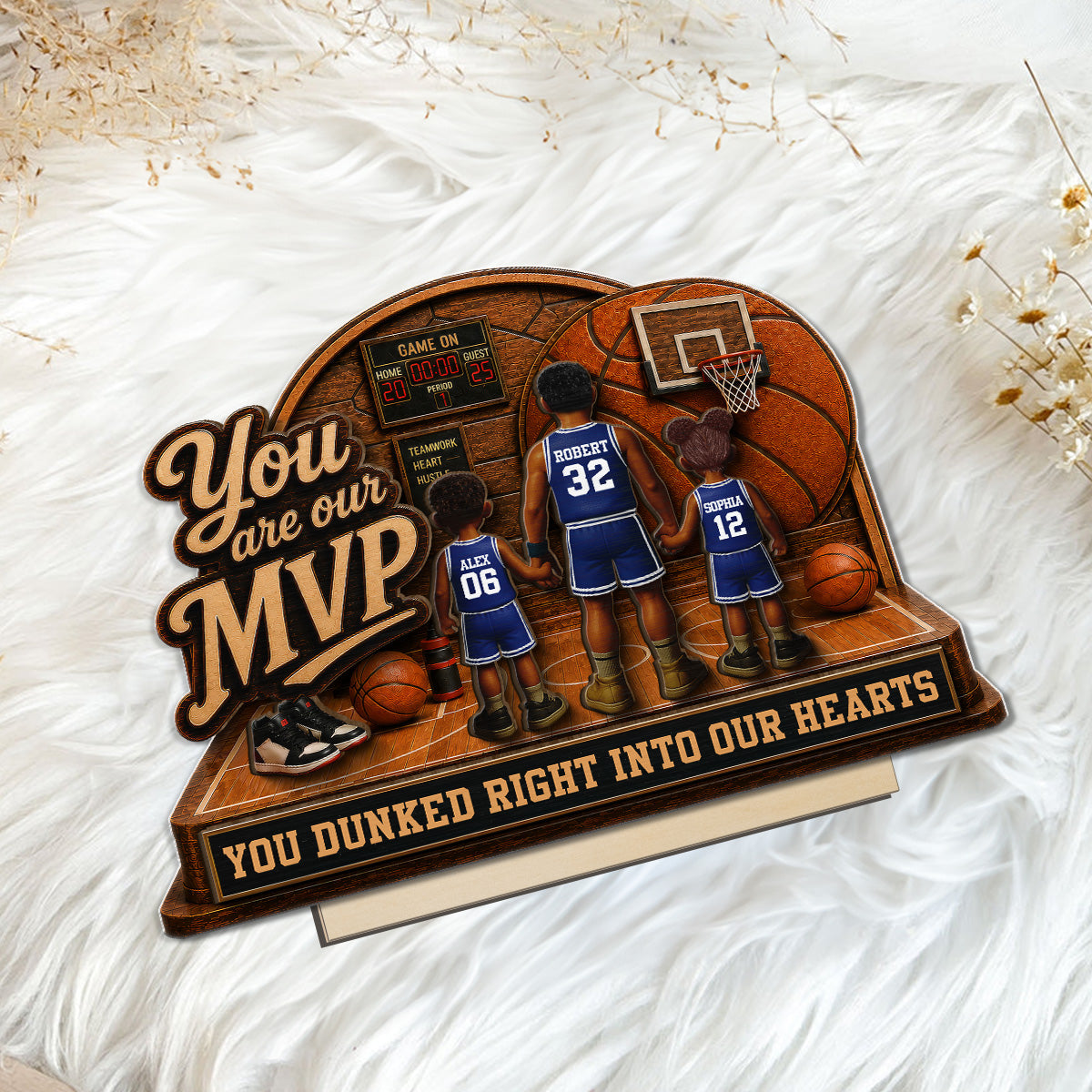 You Are Our MVP Standing Basketball Man & Kids 2D Flat - Personalized 2-Layered Wooden Plaque - Gift For Basketball Dad