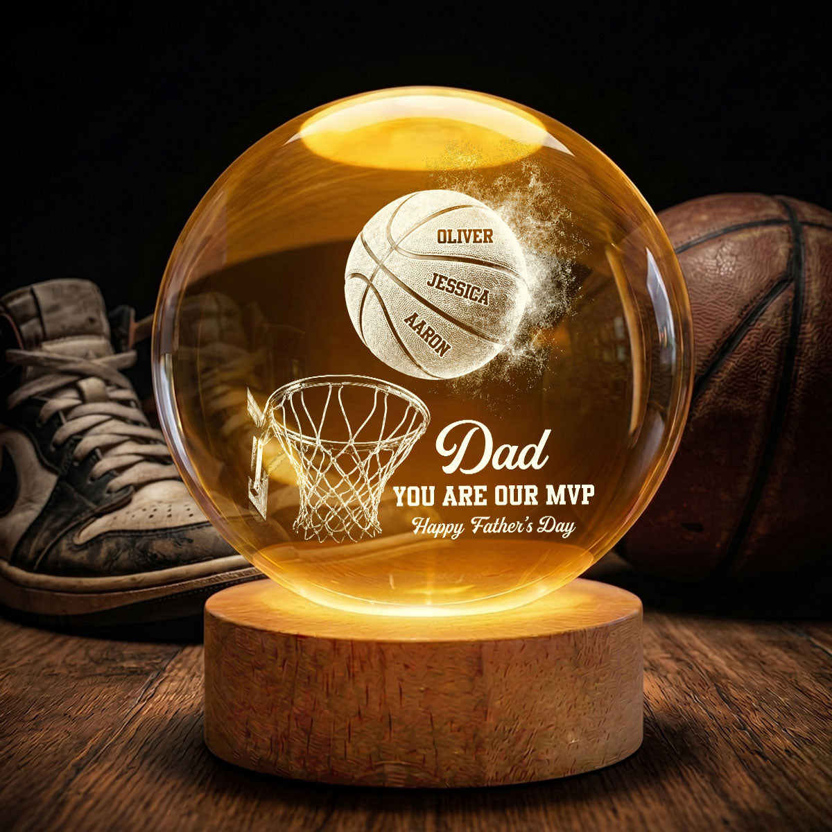 Basketball No 1 Dad Legend You Are Our MVP - Personalized Crystal Ball LED Night Light - Gift For Dad, Husband, Basketball Fans
