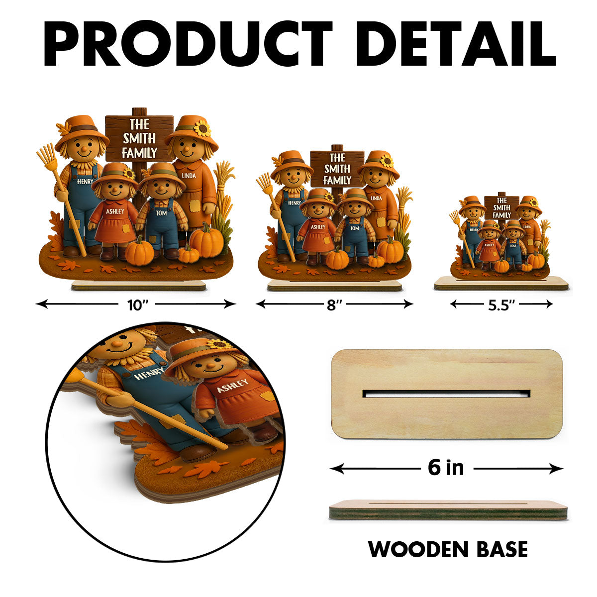 Fall Season Scarecrow Family 3D Effect Personalized 2-Layer Wooden Plaque