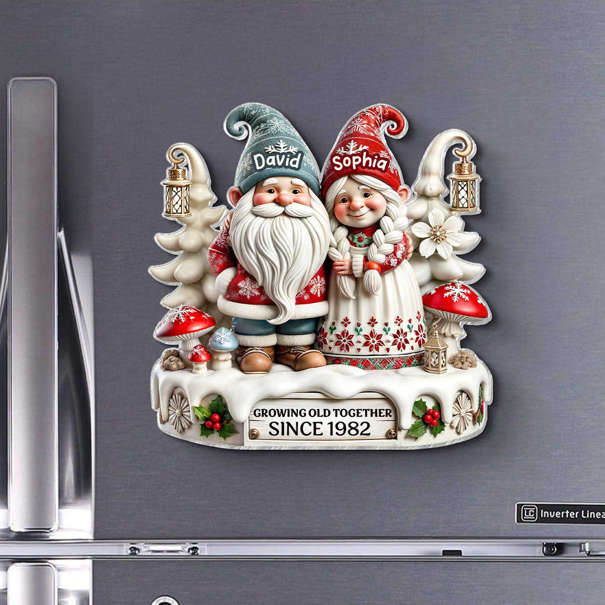 3D Effect Gnome Couple Together Personalized Acrylic Fridge Magnet, 2025 Heartfelt Gift, Anniversary Gift For Couple, For Him, For Her, Husband, Wife