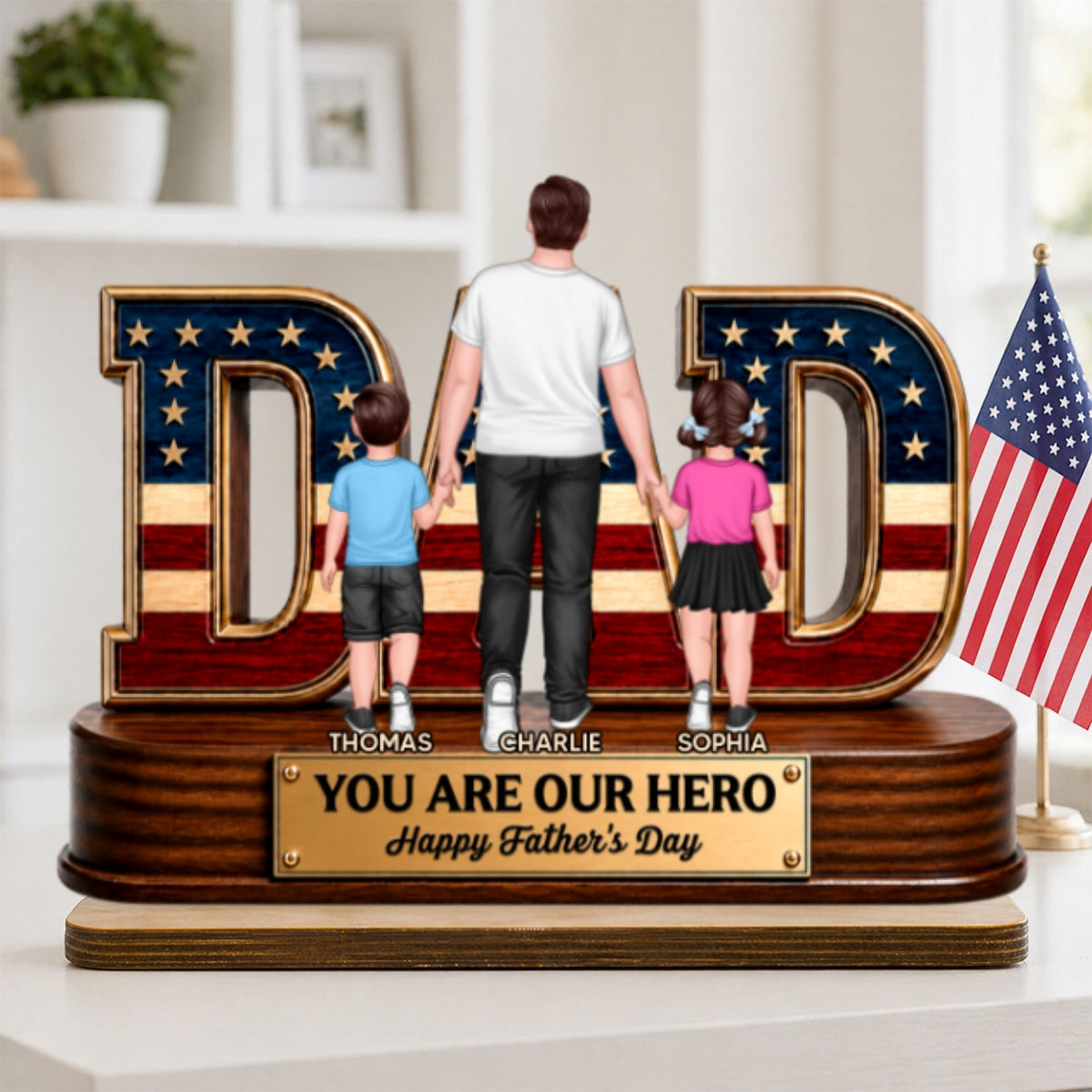 Nation Flag Dad And Kids You Are Our Hero - Personalized 2-Layered Wooden Plaque - Gift For Dad, Husband