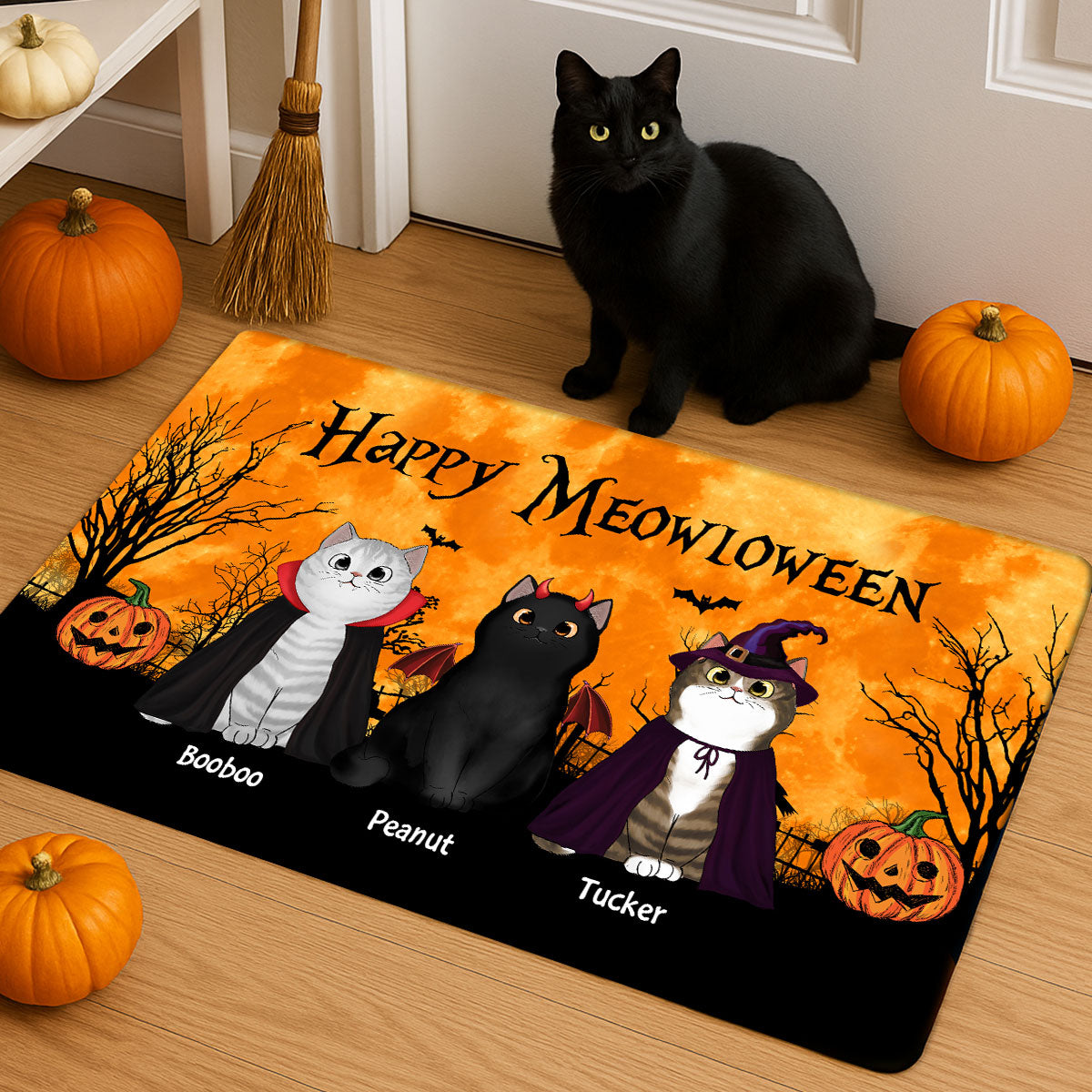 Happy Meowloween Halloween Moon Light Bat Tree Spooky Cat Personalized Doormat, Purrfect Decor for Cat Lover