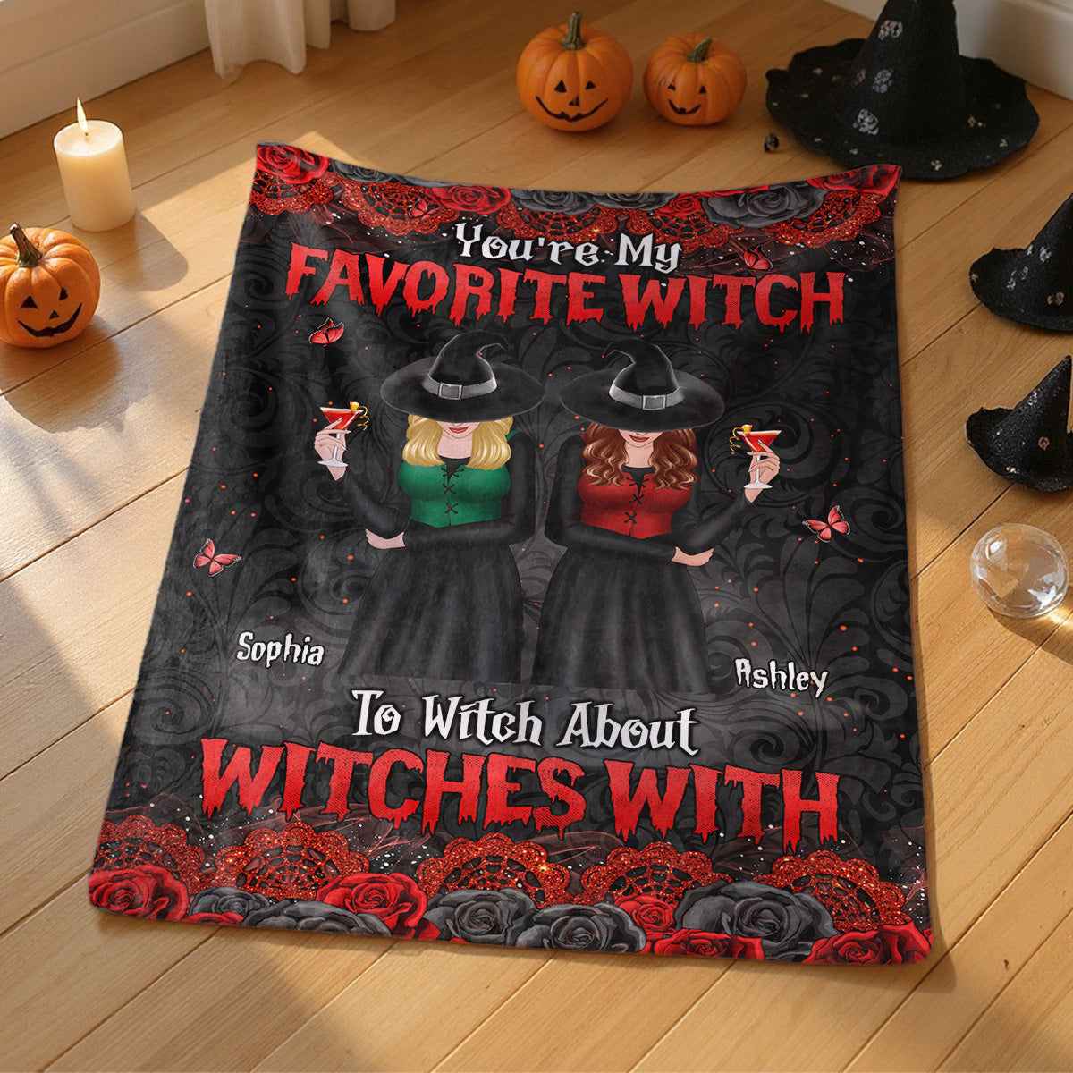 Halloween Rose Pattern Witches Besties Personalized Fleece Blanket