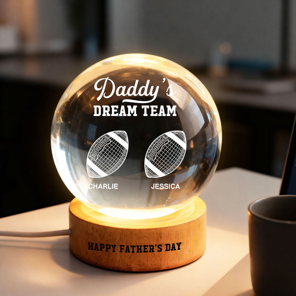 American Football Daddy's Dream Team Illusion Style - Personalized Crystal Ball LED Night Light - Gift For Dad, Husband
