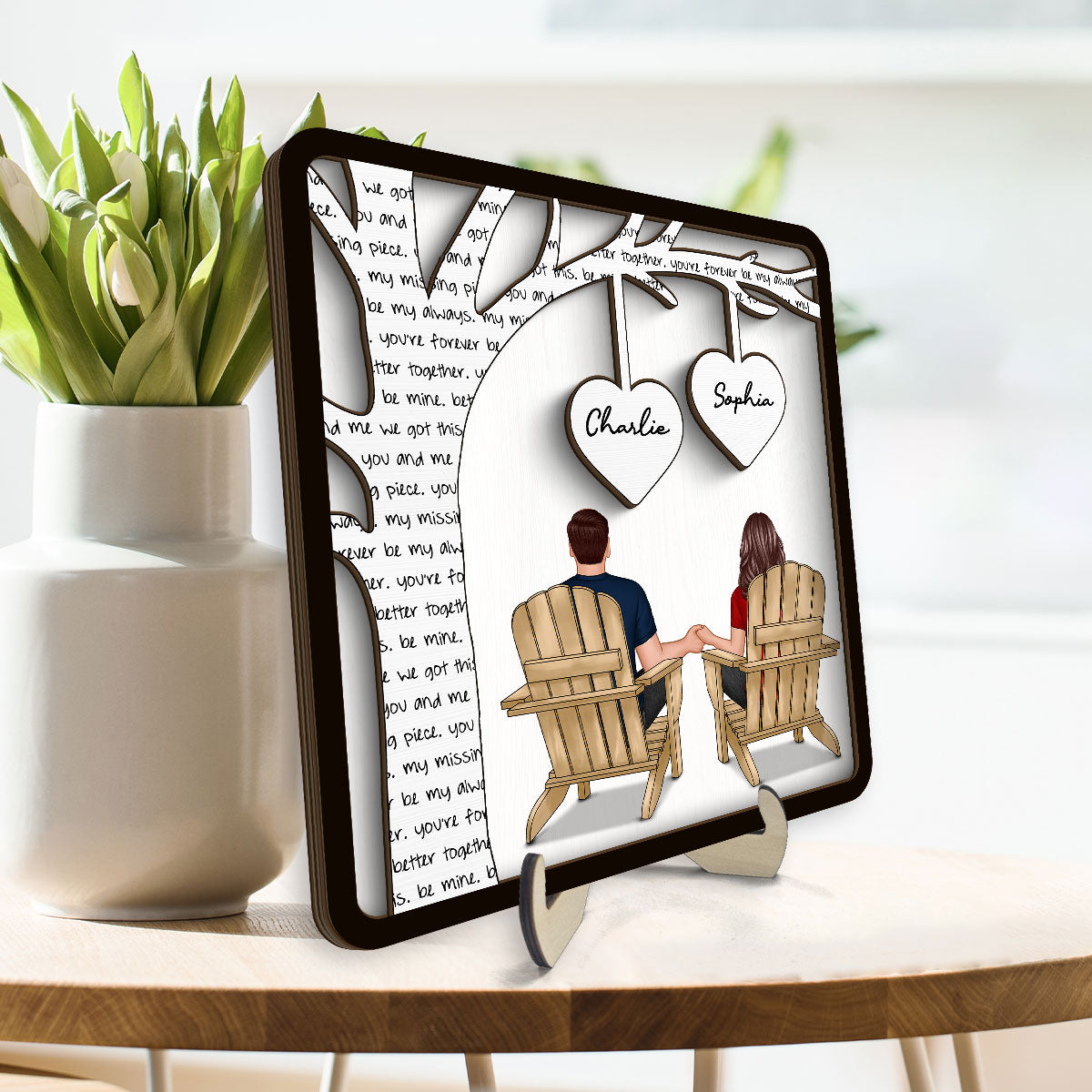 Couple Sitting Back View Under Text Tree Personalized 2-layer Wooden Plaque, Gift For Him, For Her