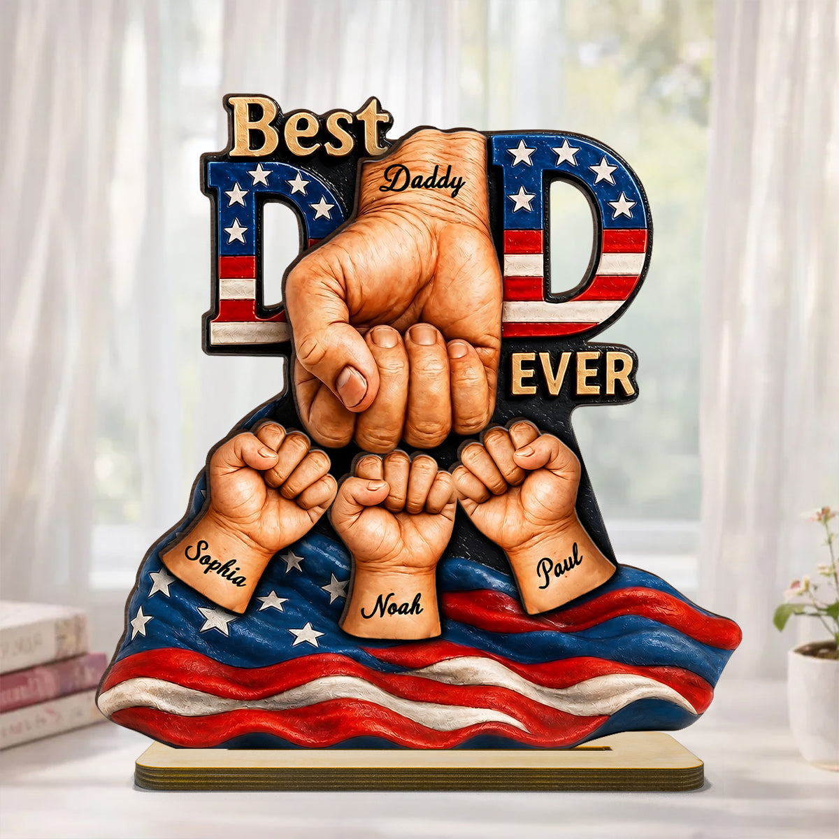 American Dad And Kids Fist Bump - Personalized 2-Layered Wooden Plaque - Gift For Dad, Husband