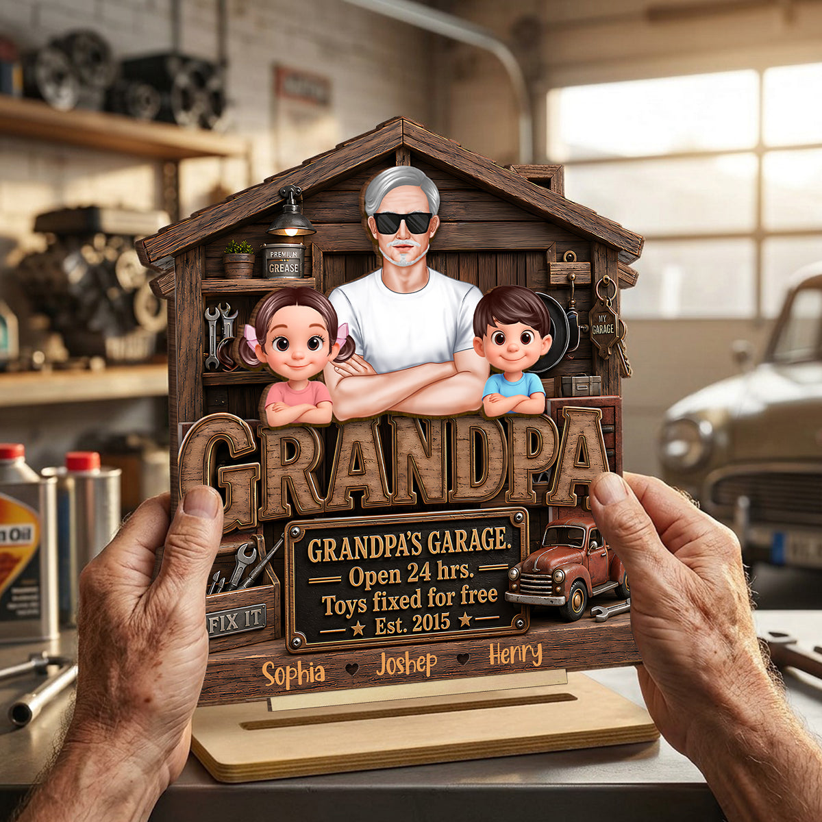 Grandpa's Garage - Personalized 2-Layered Wooden Plaque - Gift for Dad, Grandpa, Husband