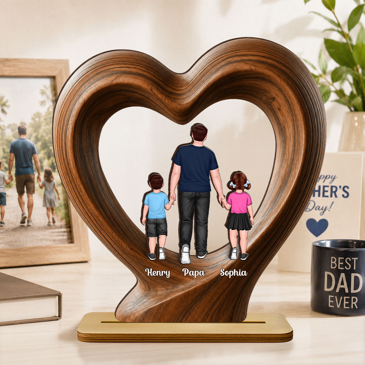 Dad Grandpa Walking With Children - Personalized 2-Layered Wooden Plaque - Gift for Husband