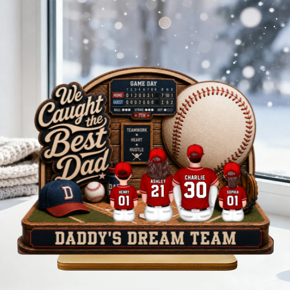 Baseball Things Dad & Kids Back View Sitting 2D Flat - Personalized 2-Layered Wooden Plaque - Happy For Baseball Dad