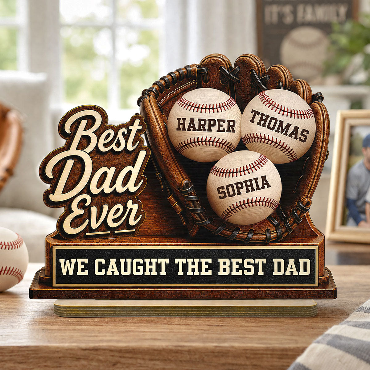 We Caught The Best Dad Baseball Glove - Personalized 2-Layered Wooden Plaque - Happy For Baseball Dad