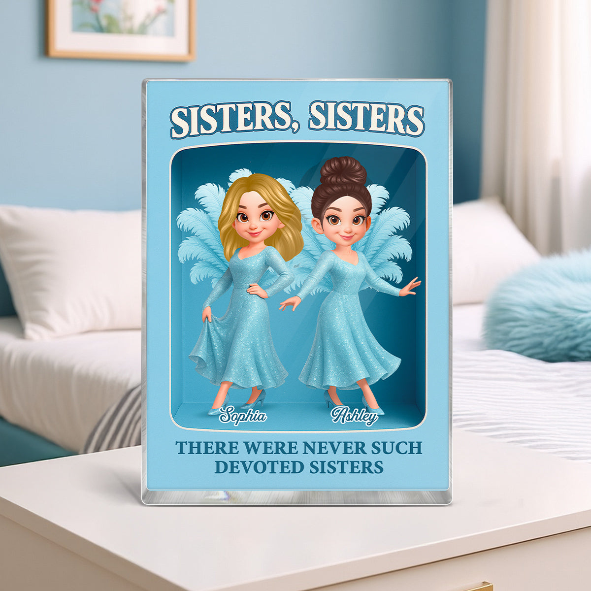 Pretty Cartoon Sisters Besties Blue Dress Toy Box Figure Style Personalized Acrylic Block Plaque