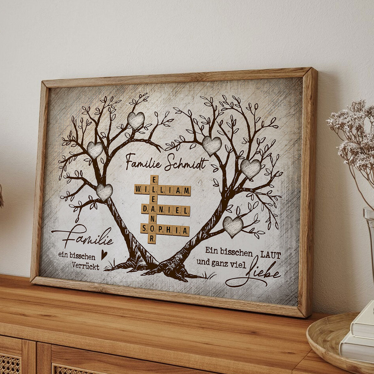 Personalisiertes Familien-Poster – Herzbaum & Kreuzwortrtsel – Fr immer verbunden – Geschenk fr Familie, Mann & Frau