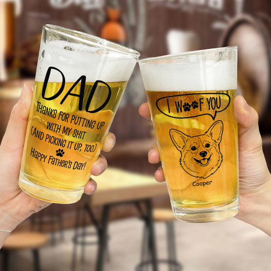 Father's Day Gifts, Father's Day Gifts, Thanks Dad We Woof You Pet Photo Line Art - Personalized Beer Glass