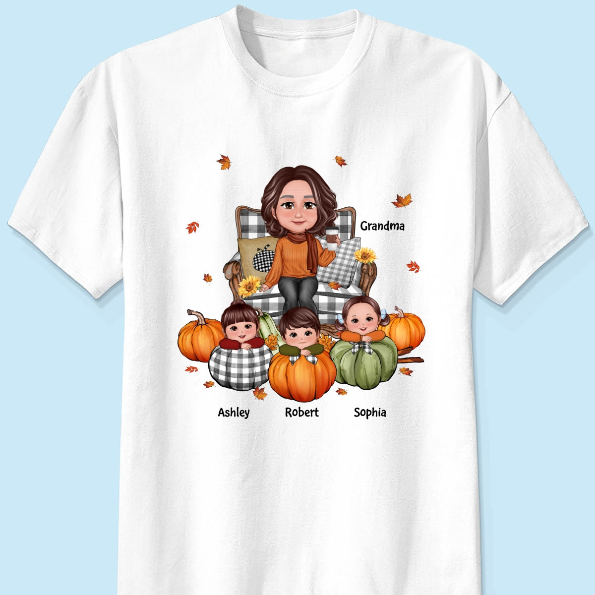 Grandma Sitting On Chair & Kids Pumpkin - Personalized Shirt