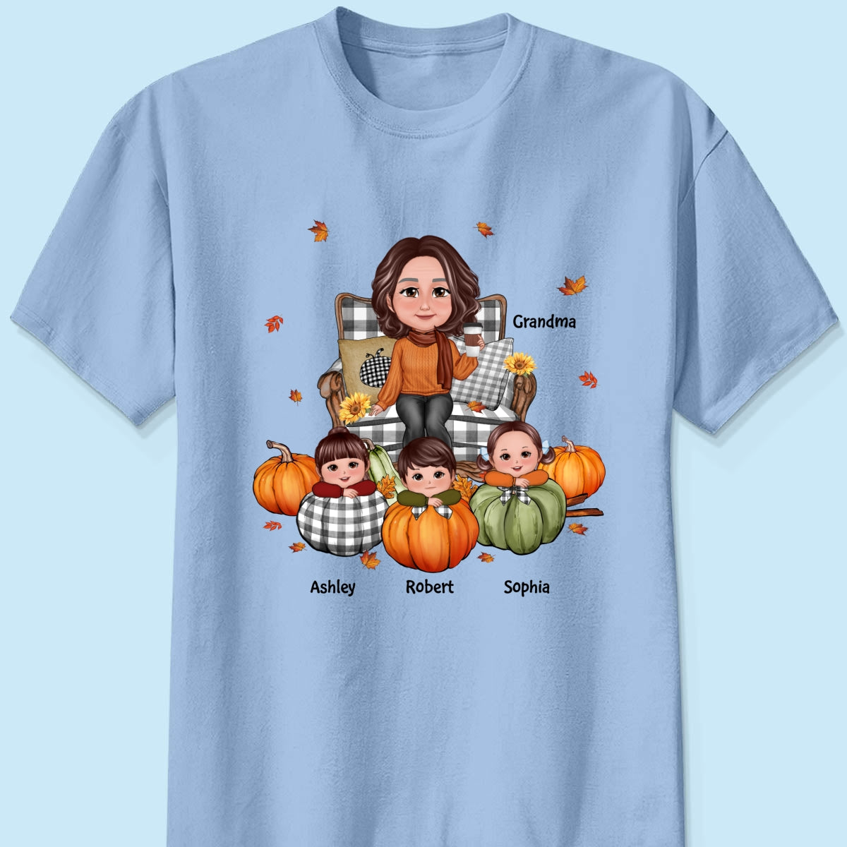Grandma Sitting On Chair & Kids Pumpkin - Personalized Shirt