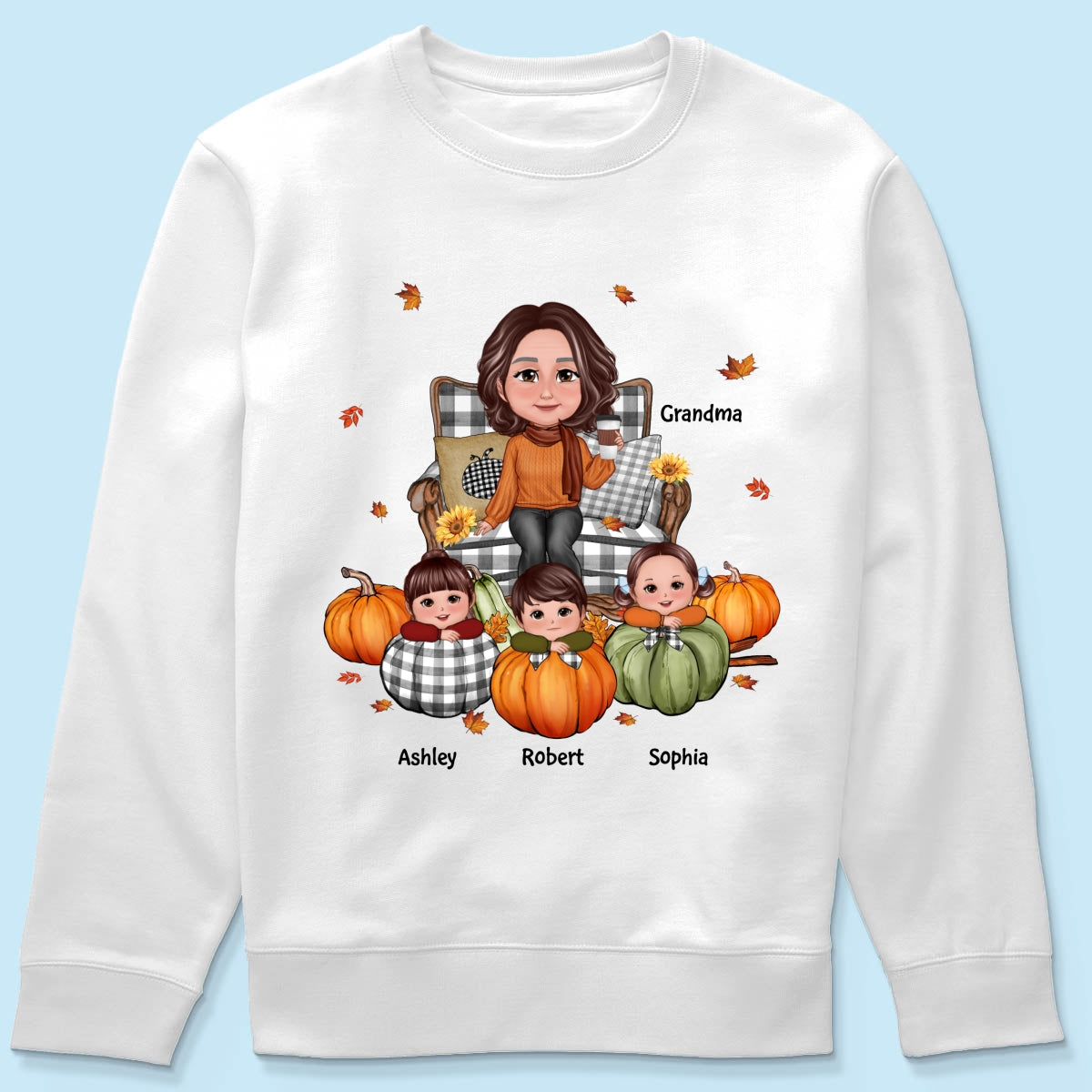 Grandma Sitting On Chair & Kids Pumpkin - Personalized Shirt
