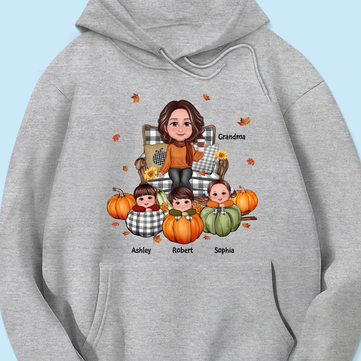 Grandma Sitting On Chair & Kids Pumpkin - Personalized Shirt