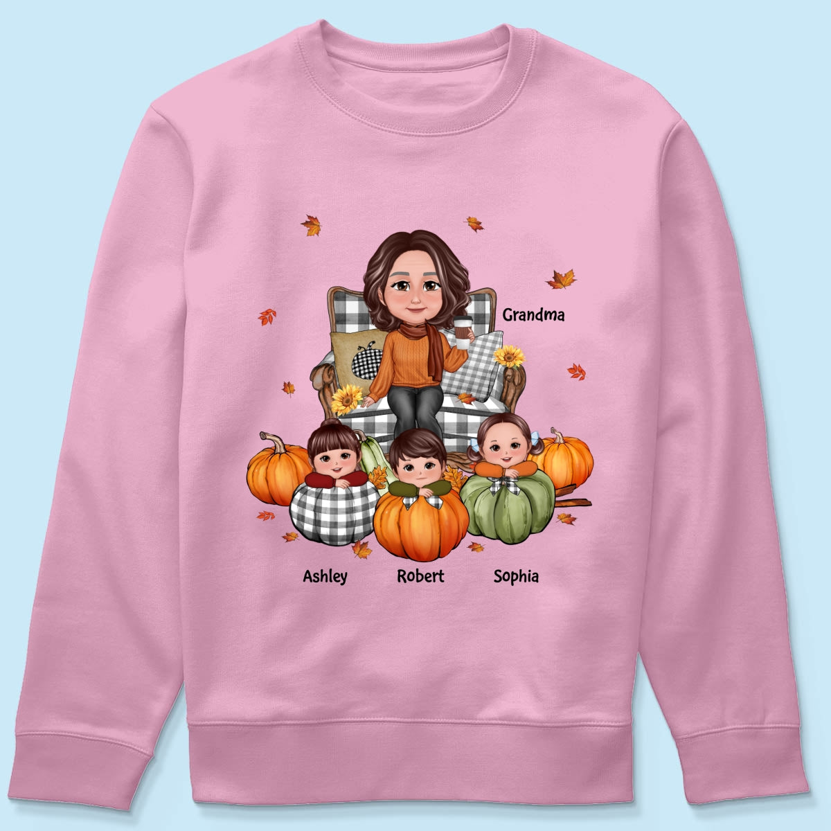 Grandma Sitting On Chair & Kids Pumpkin - Personalized Shirt