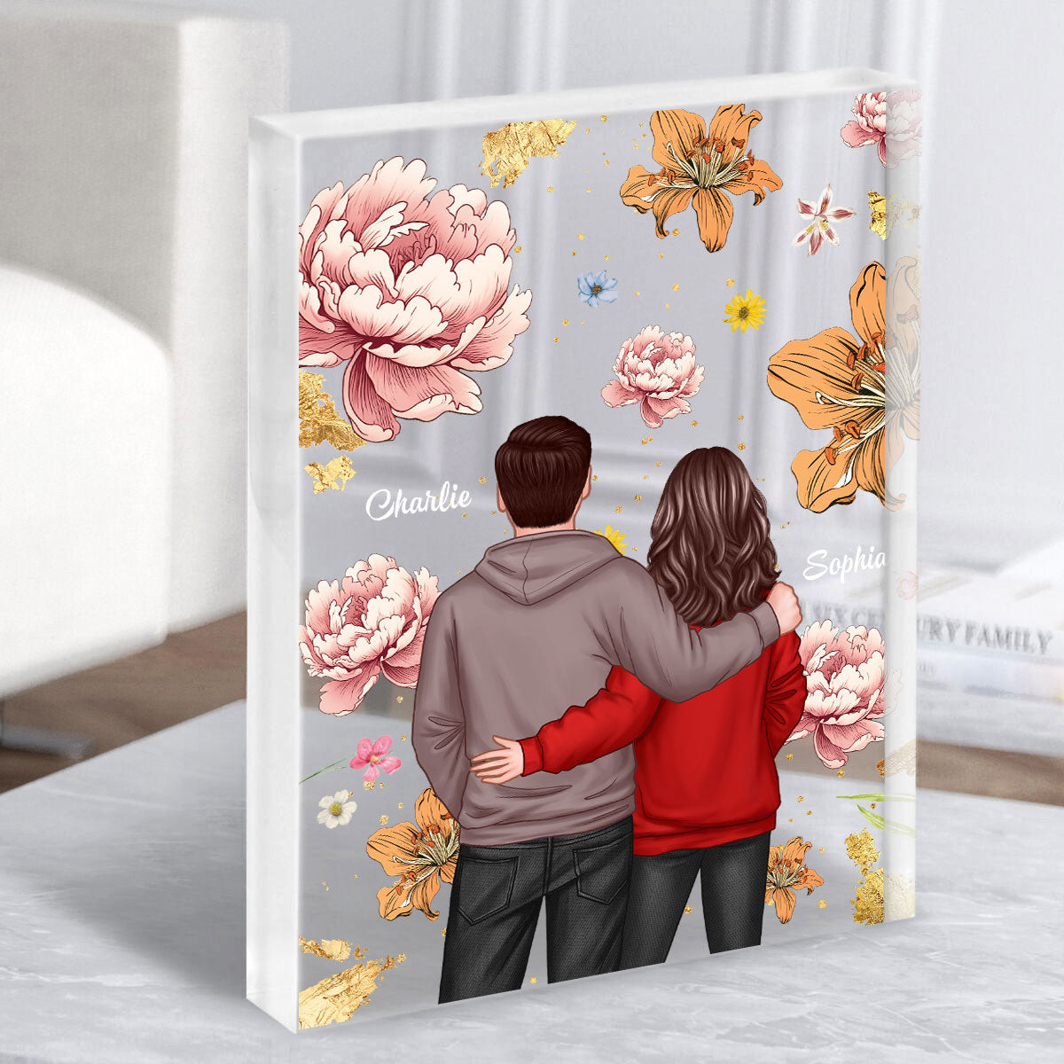 Couple Hugging Back View Birth Month Flower Personalized Acrylic Block Plaque, Heartfelt 2025 Gift, Anniversary Gift For Girlfriend, For Wife