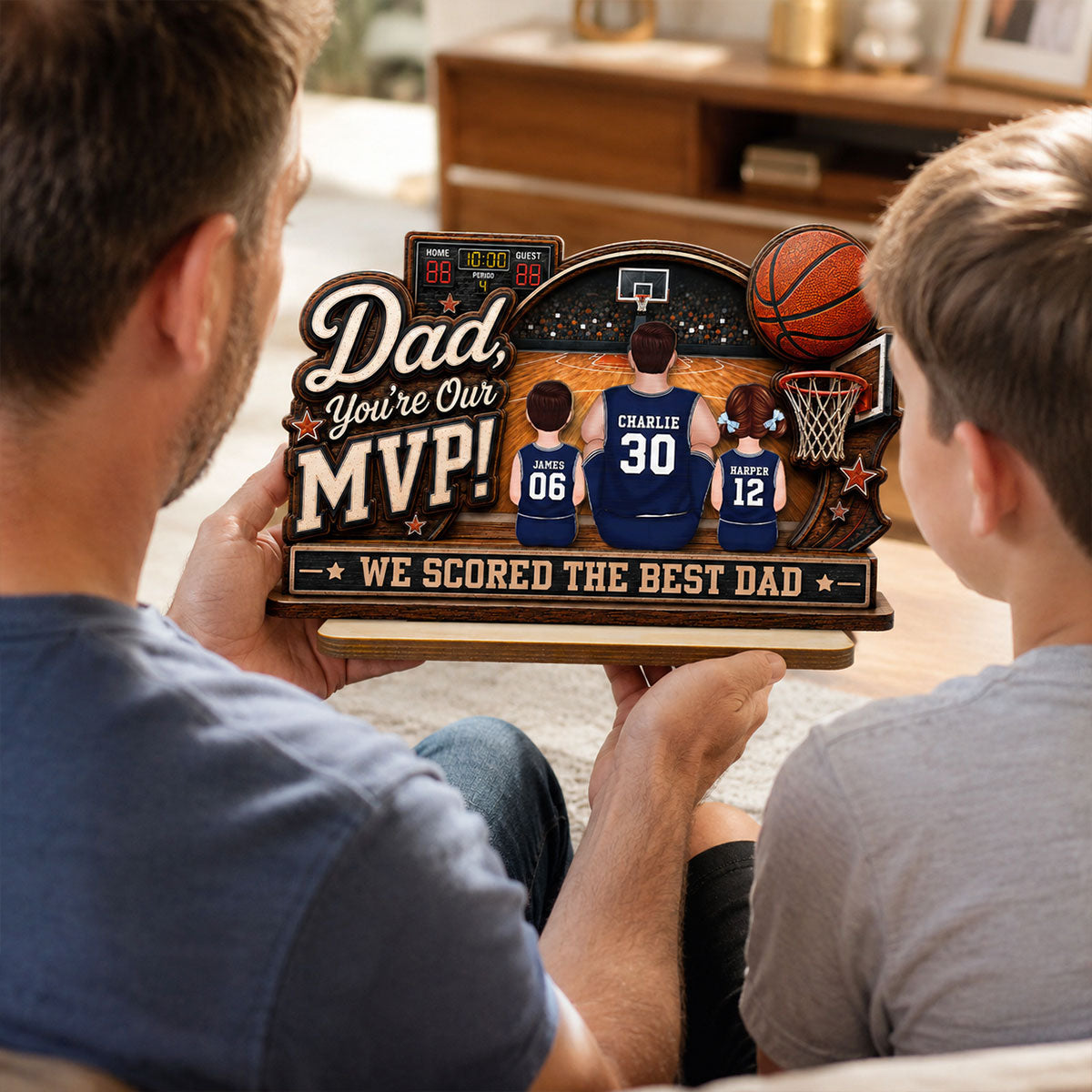 Dad You Are Our MVP Sitting Basketball Man & Kids 2D Flat - Personalized 2-Layered Wooden Plaque - Gift For Basketball Dad