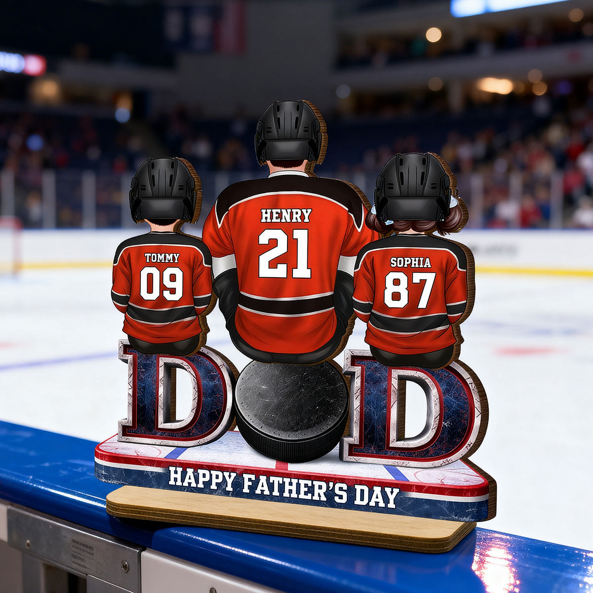 Hockey Dad And Kids Sitting Together - Personalized 2-Layered Wooden Plaque - Gift, Gift For Hockey Dad, Gift For Husband