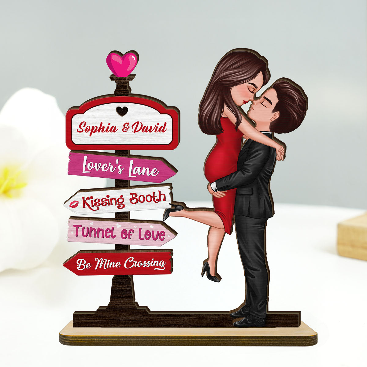 Couple Hugging Kissing Directional Sign Home Decor Personalized 2-Layer Standing Wooden Plaque