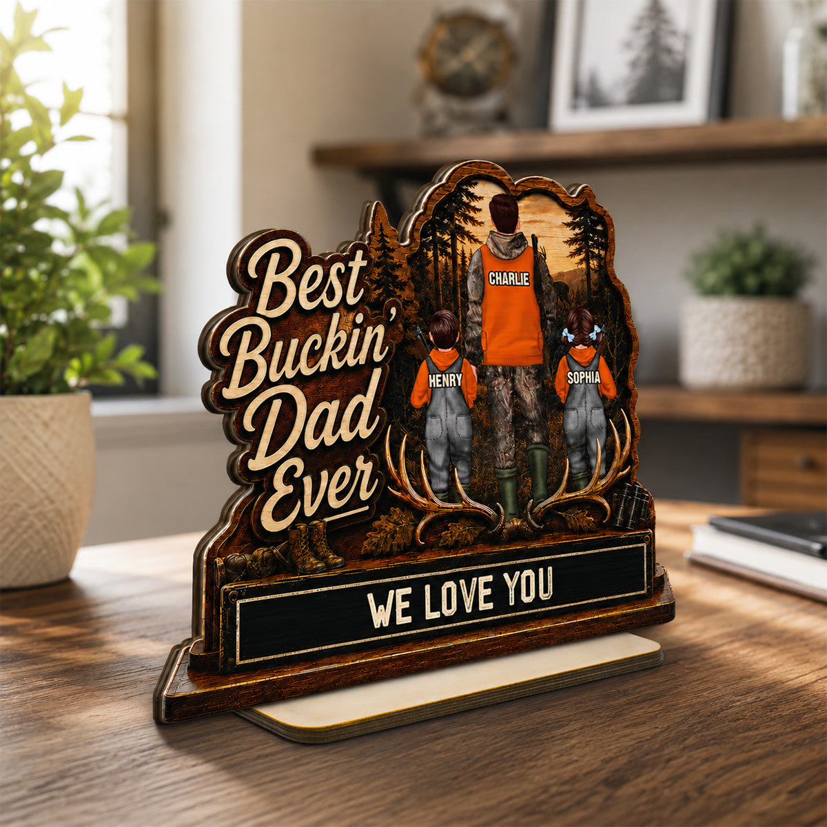 Best Buckin' Dad Papa Ever Hunting Man & Kids 2D Flat - Personalized 2-Layered Wooden Plaque - Gift For Hunting Dad, Grandpa
