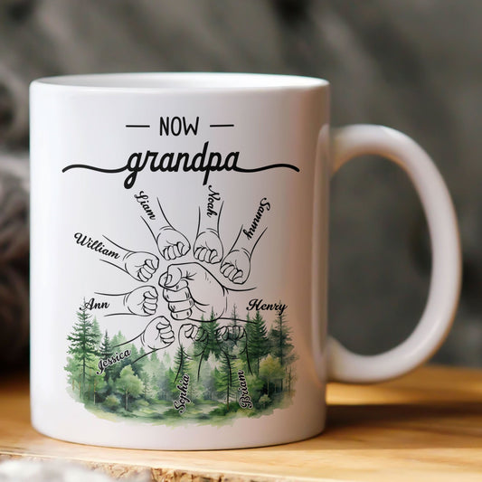 Father's Day Gifts, First Dad Now Grandpa - Fist Bumps With Kids' Names - Personalized Mug