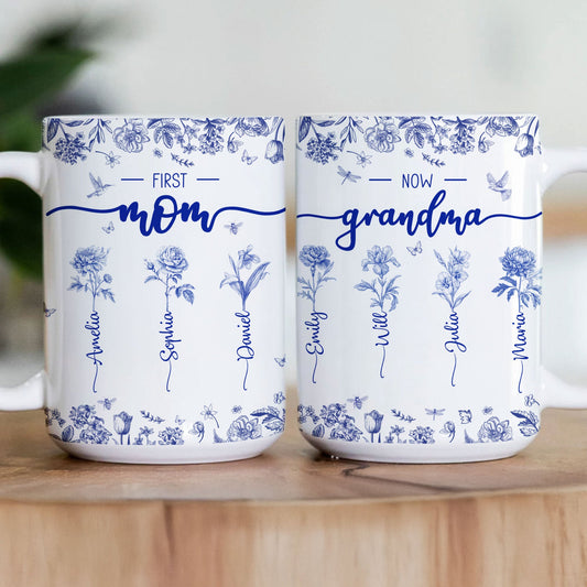 First Mom Now Grandma Custom Birth Flower Toile De Jouy - Personalized Mug