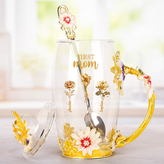 First Mom Now Grandma Golden Birth Month Flower - Personalized Glass Cup