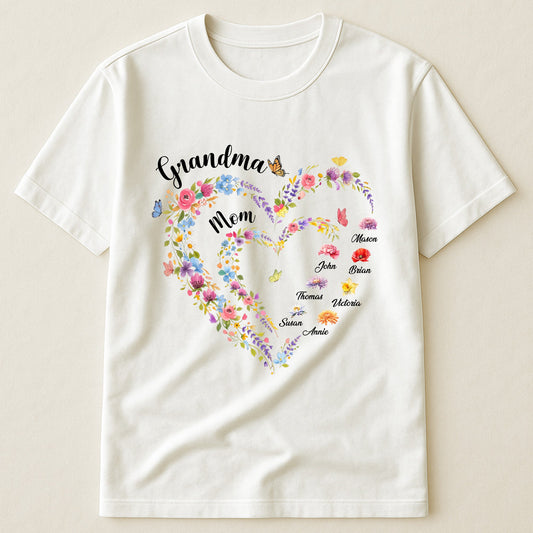 First Mom Now Grandma Heart Flower With Kids' Names & Birth Flower - Personalized Shirt