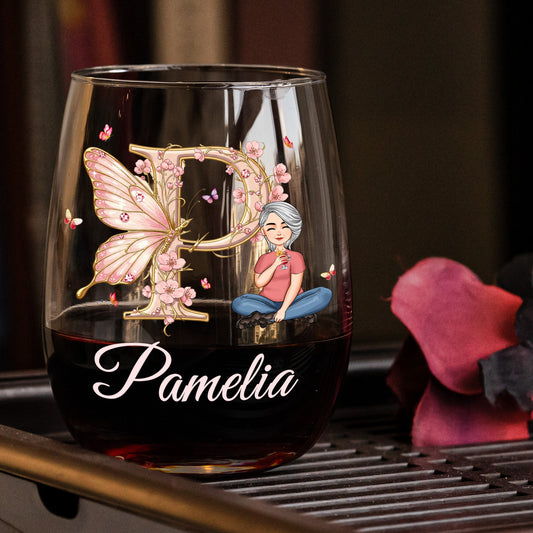 Floral Butterfly Monogram Letter Ver 2 - Personalized Stemless Wine Glass