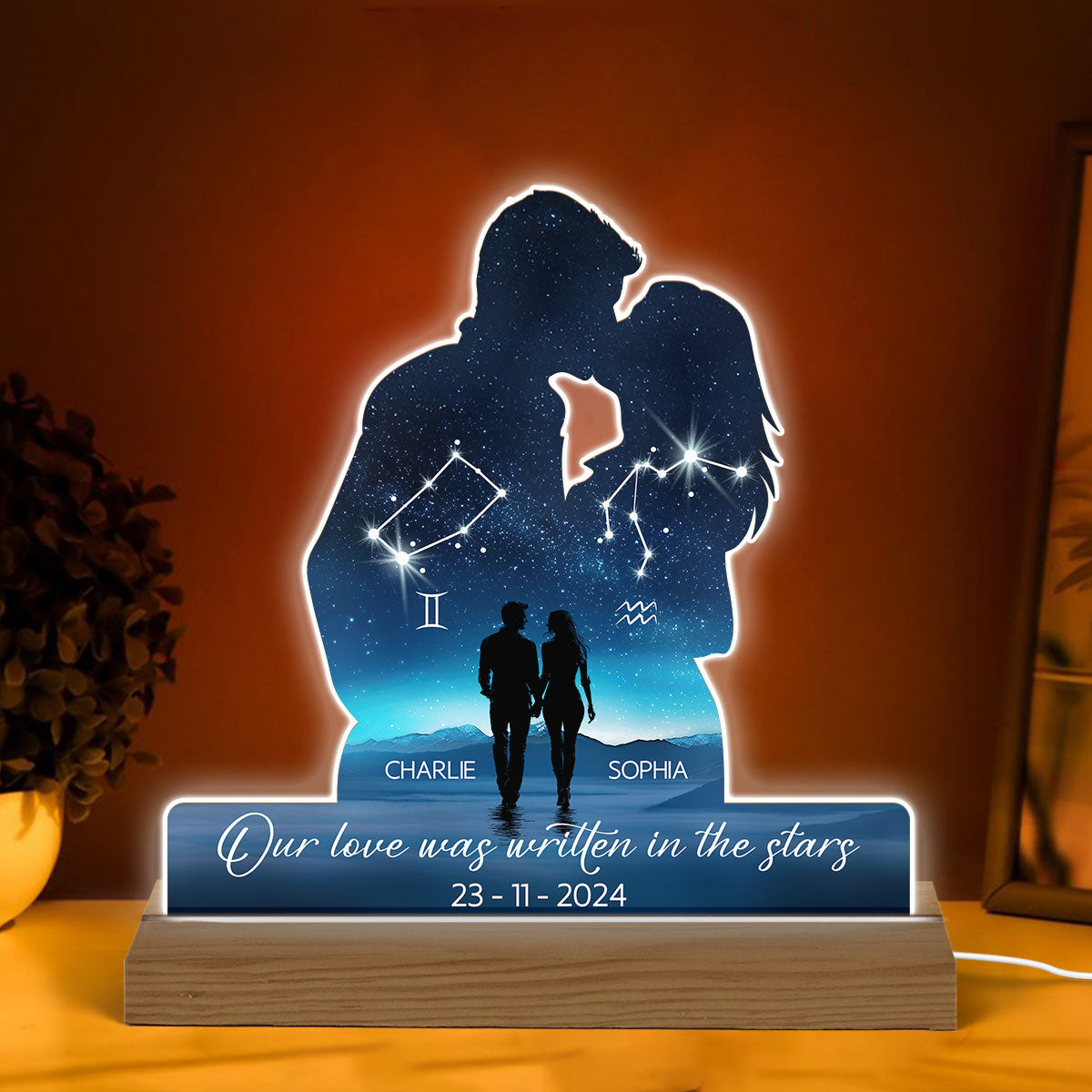Our Love Was Written In The Stars Personalized Couple Kissing Shaped Acrylic LED Night Light, Anniversary Gift For Her, For Him, Husband, Wife