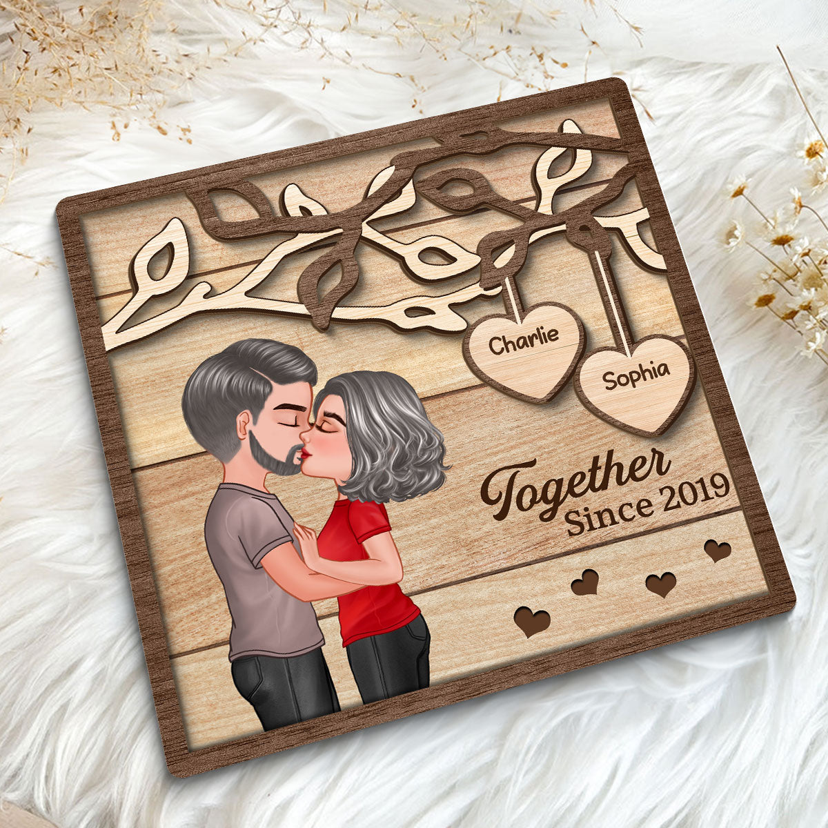 Couple Kissing Under Tree Gift For Her Gift For Him Personalized 2-Layer Wooden Plaque