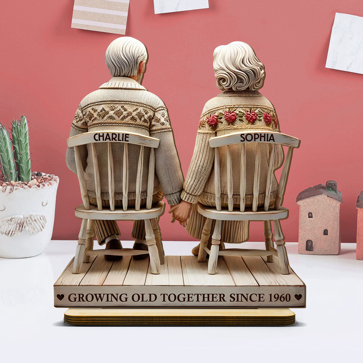 3D Effect Old Couple Holding Hands Sitting Together Personalized Standing Wooden Plaque, Heartfelt Anniversary Gift, Gift For Couple, For Him, For Her, Husband, Wife