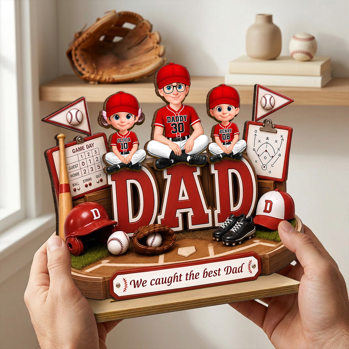 Baseball Dad Kids We Caught The Best Dad - Personalized 2-Layered Wooden Plaque - Gift For Dad, Husband