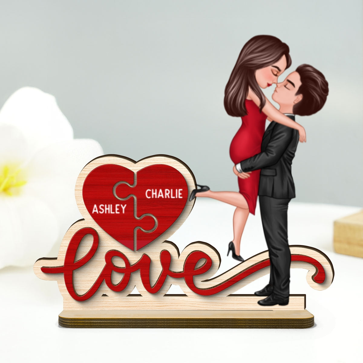 Couple Hugging Kissing Love Missing Piece Personalized 2-Layer Standing Wooden Plaque, Gift For Him or Her