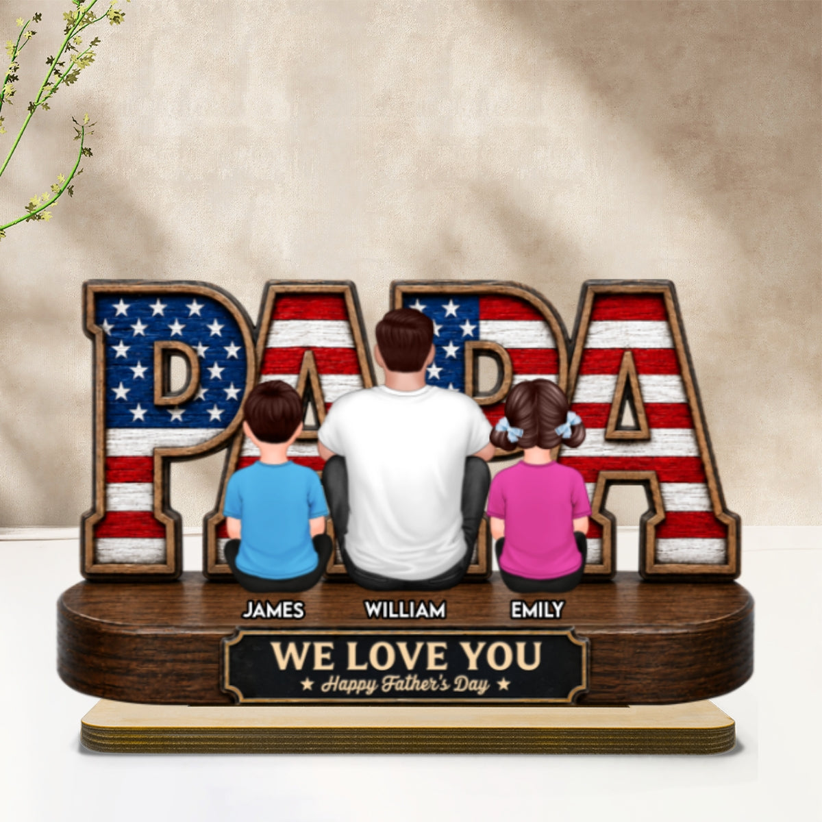 Proud Papa Grandpa Nation Flag Grandpa Dad And Kids - Personalized 2-Layered Wooden Plaque - Gift For Dad, Husband