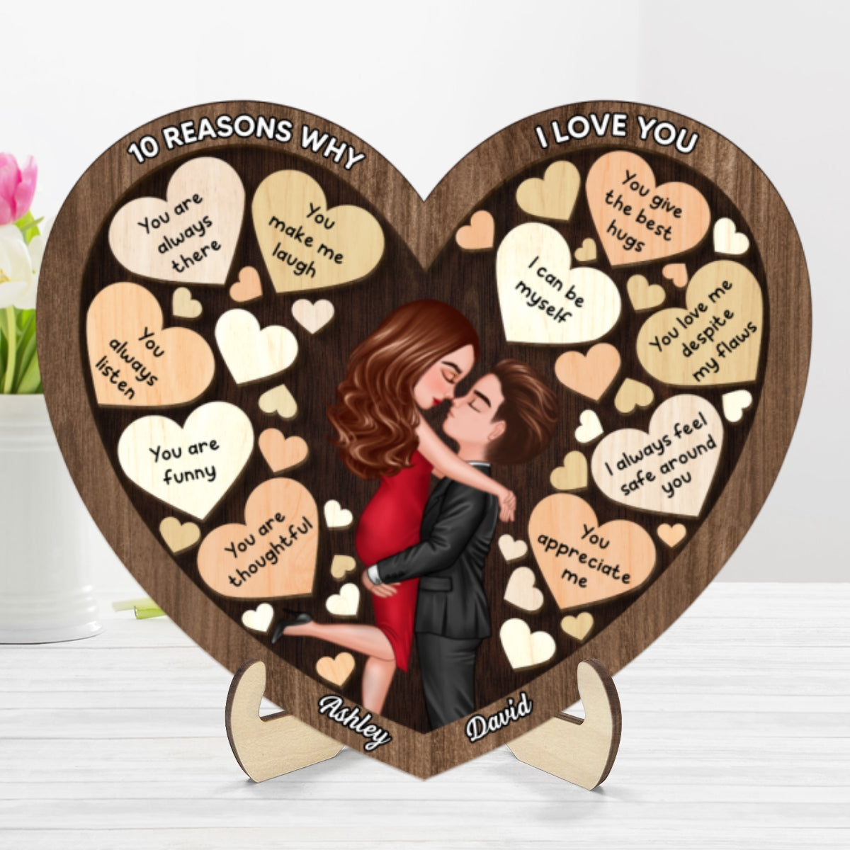 Couple Kissing In Heart Reasons I Love You Personalized 2-layer Wooden Plaque, Gift For Him, Gift For Her