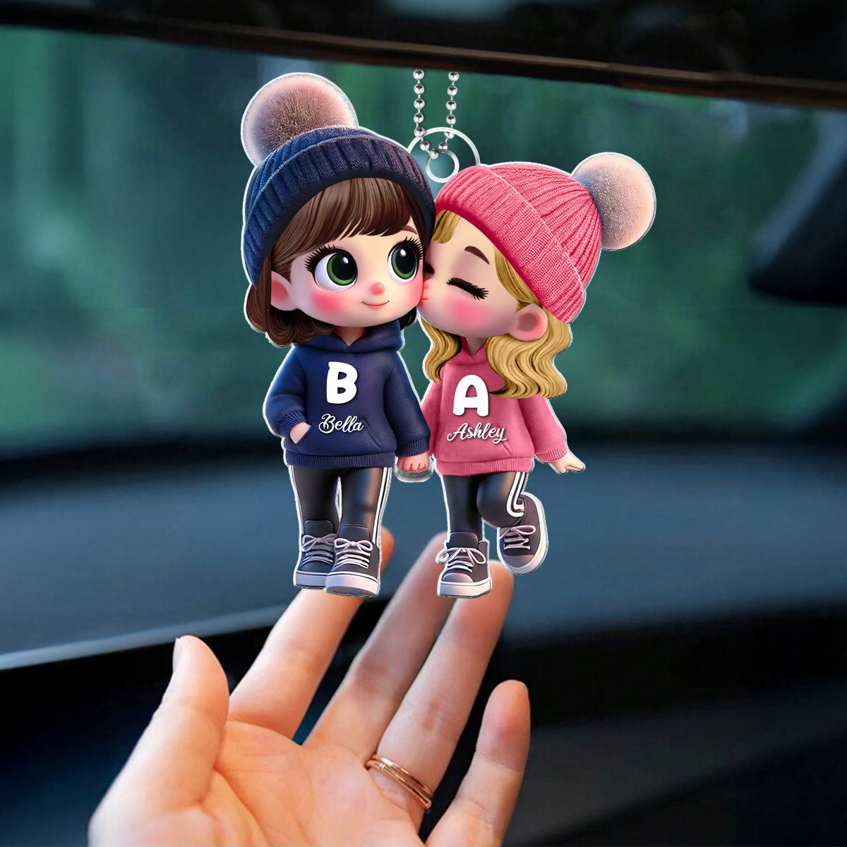 Personalized 3D Cartoon Lesbian Couple Car Ornament β Cute Acrylic Gift for Pride Month