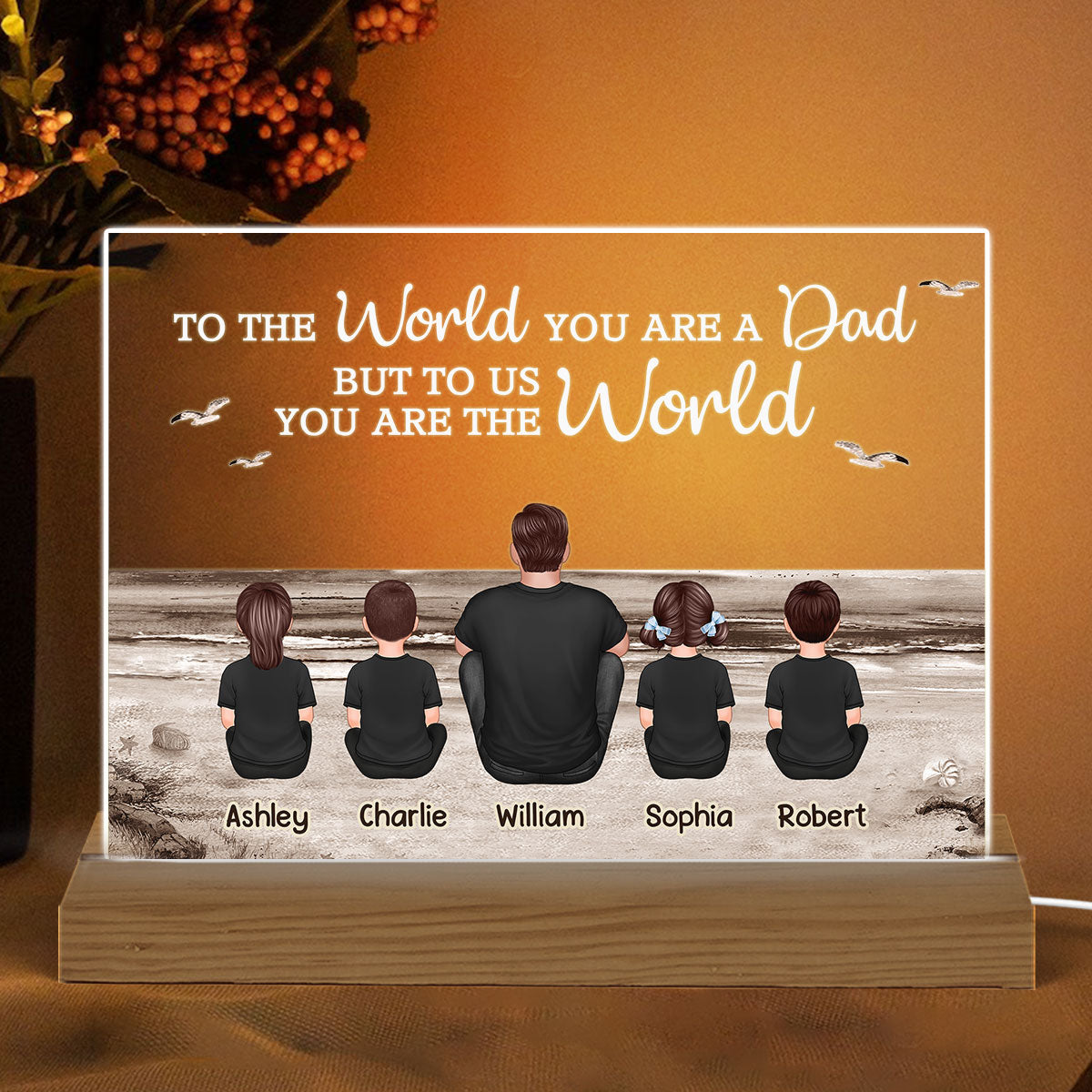 Dad And Sons Daughters Retro Vintage Beach Landscape Personalized Custom Shape Acrylic Warm LED Night Light