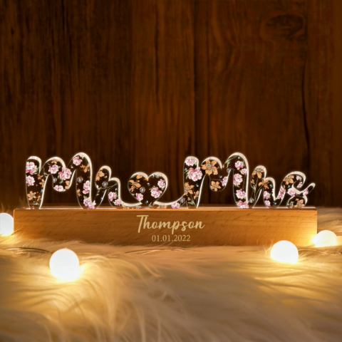 Mr & Mrs Wedding Anniversary Gift for her & for him, Custom Flower Printed LED Night Light