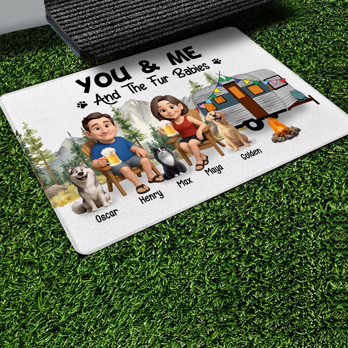 You Me And the Dogs Cats Camping Couple Personalized Doormat, Anniversary, Vacation Gift For Campers