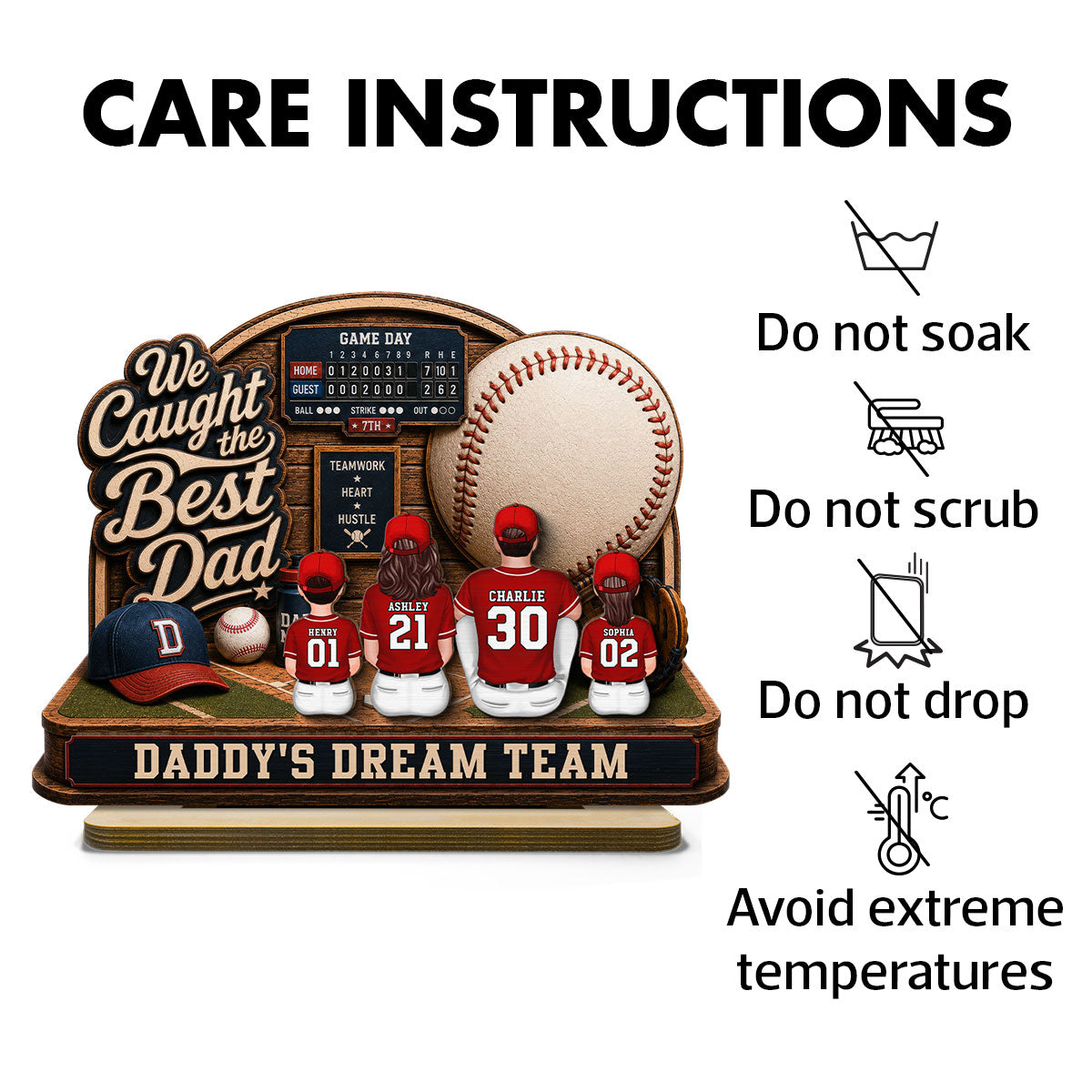 Baseball Things Dad & Kids Back View Sitting 2D Flat - Personalized 2-Layered Wooden Plaque - Happy For Baseball Dad