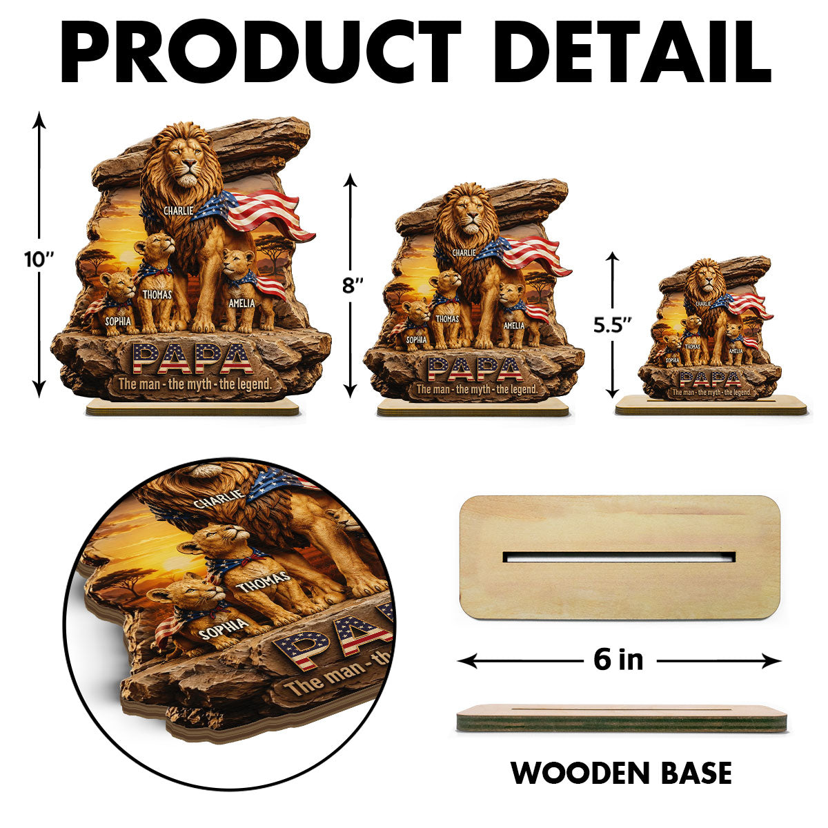 Lion Dad Papa the Legend - Personalized 2-Layered Wooden Plaque - Gift for Dad, Husband